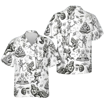 Bigfoot And Alien Black White Hawaiian Shirt Men Women, Sasquatch Space Hawaiian Shirts HE0208