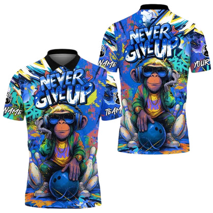 Never Give Up Custom Monkey Graffiti Mens Bowling Polo Shirt, Custom Monkey Bowling Team Shirts BE0143