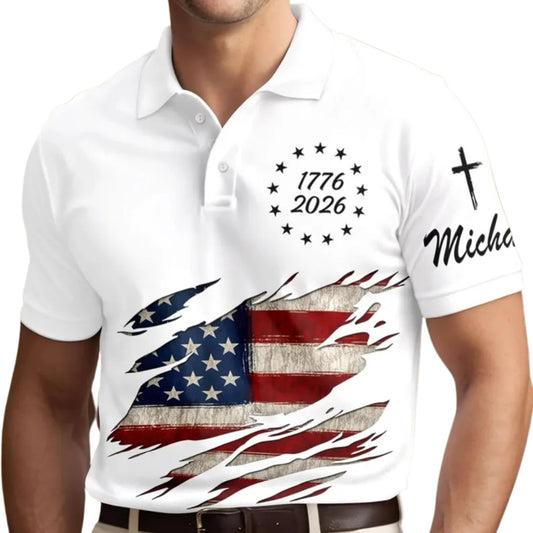 1776-2026 250th Anniversary American Flag Golf Men Polo Shirt White, Custom Patriotic 4th Of July Golf Shirts GE0417