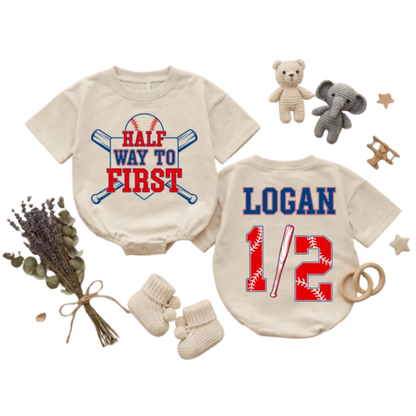 Custom Half Way To First Baseball Baby Romper Sweatshirt, Custom Baseball Half Birthday Baby Sweater BB0856