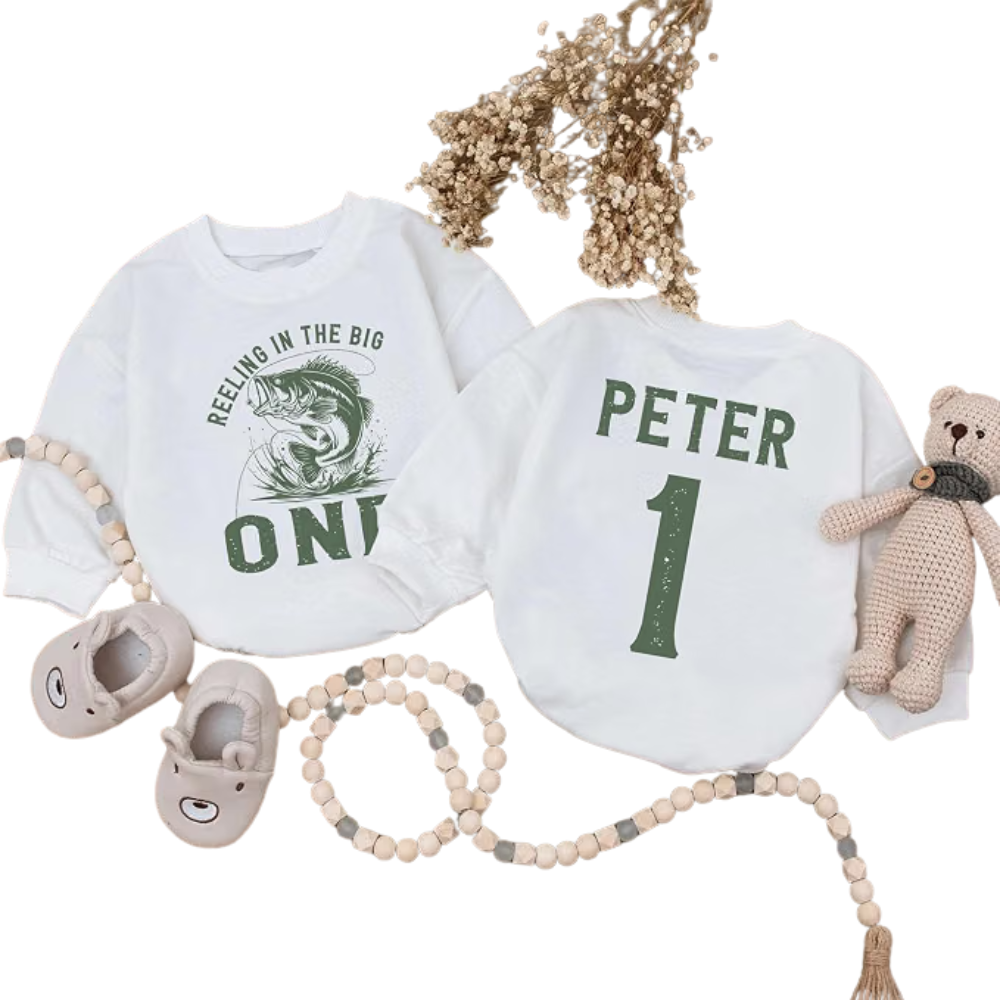 Custom Reeling In The Big One Fish Baby Romper Sweatshirt, Custom Fishing First Birthday Baby Romper Sweater BB0573