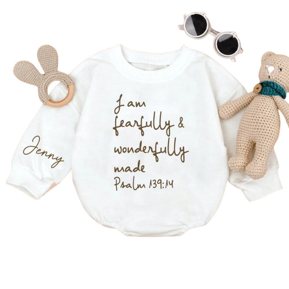 I Am Fearfully & Wonderfully Made Psalm 139:14 Custom Baby Romper Sweatshirt, Personalized Christian Sweatshirt Baby Romper BB0453