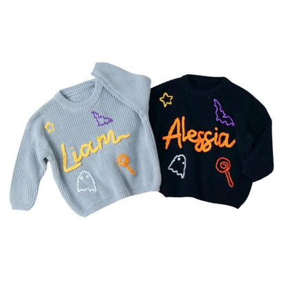 Halloween Custom Name Baby Embroidered Knit Sweater, Custom Halloween Baby Sweatshirt BB0789