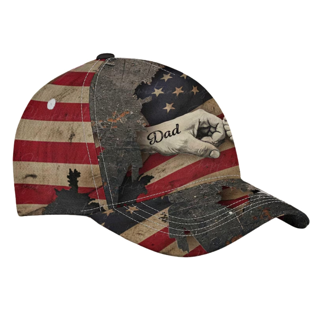 Custom Fist Bump American Flag Baseball Cap With Kid Names, Custom Father's Day Patriotic Cap CP0505