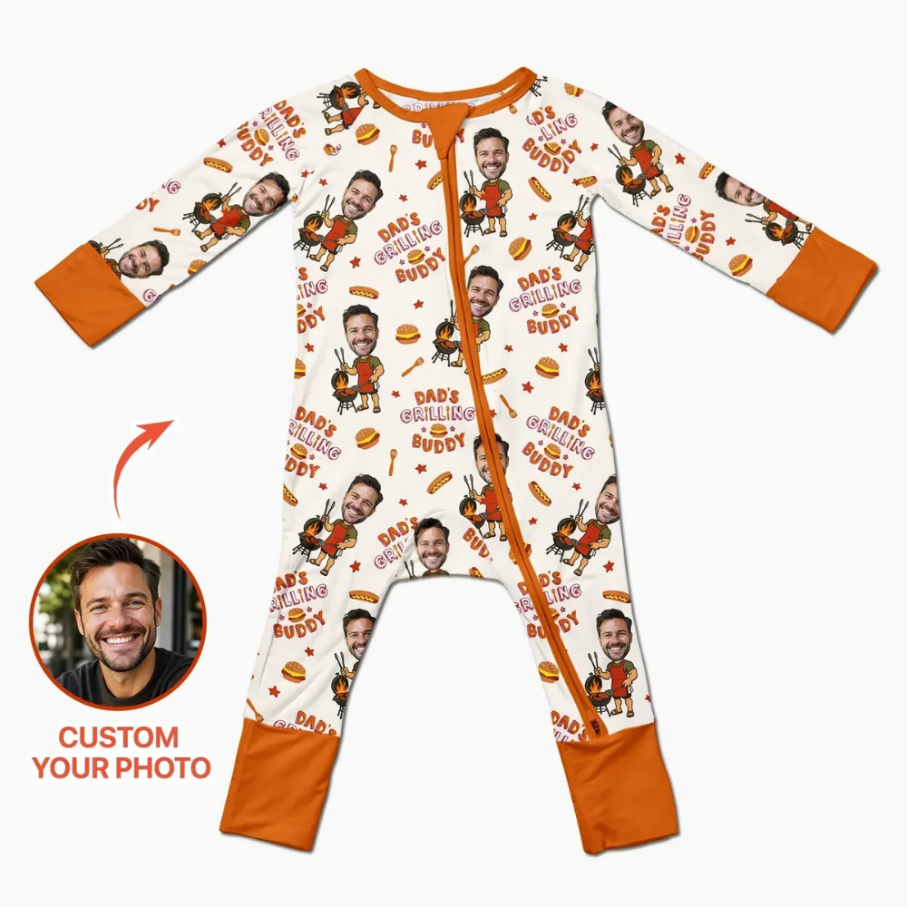 Dad's Grilling Buddy Custom Photo Baby Convertible Zipper Romper, Custom BBQ Convertible Baby Romper With Photo BB0737
