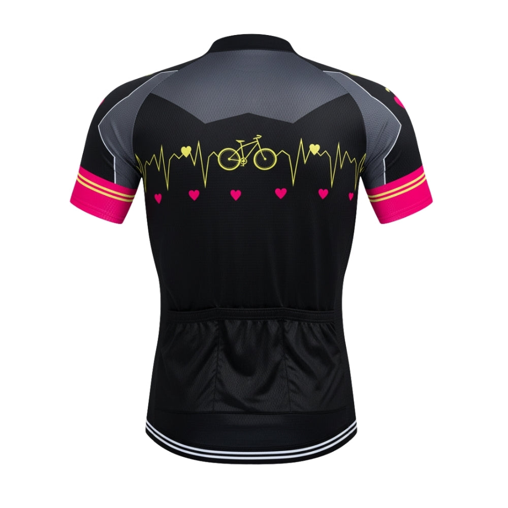 Black Pink Heartbeat Cycling Short Sleeve Jersey For Mens, Men's Cycling Jerseys CE0053