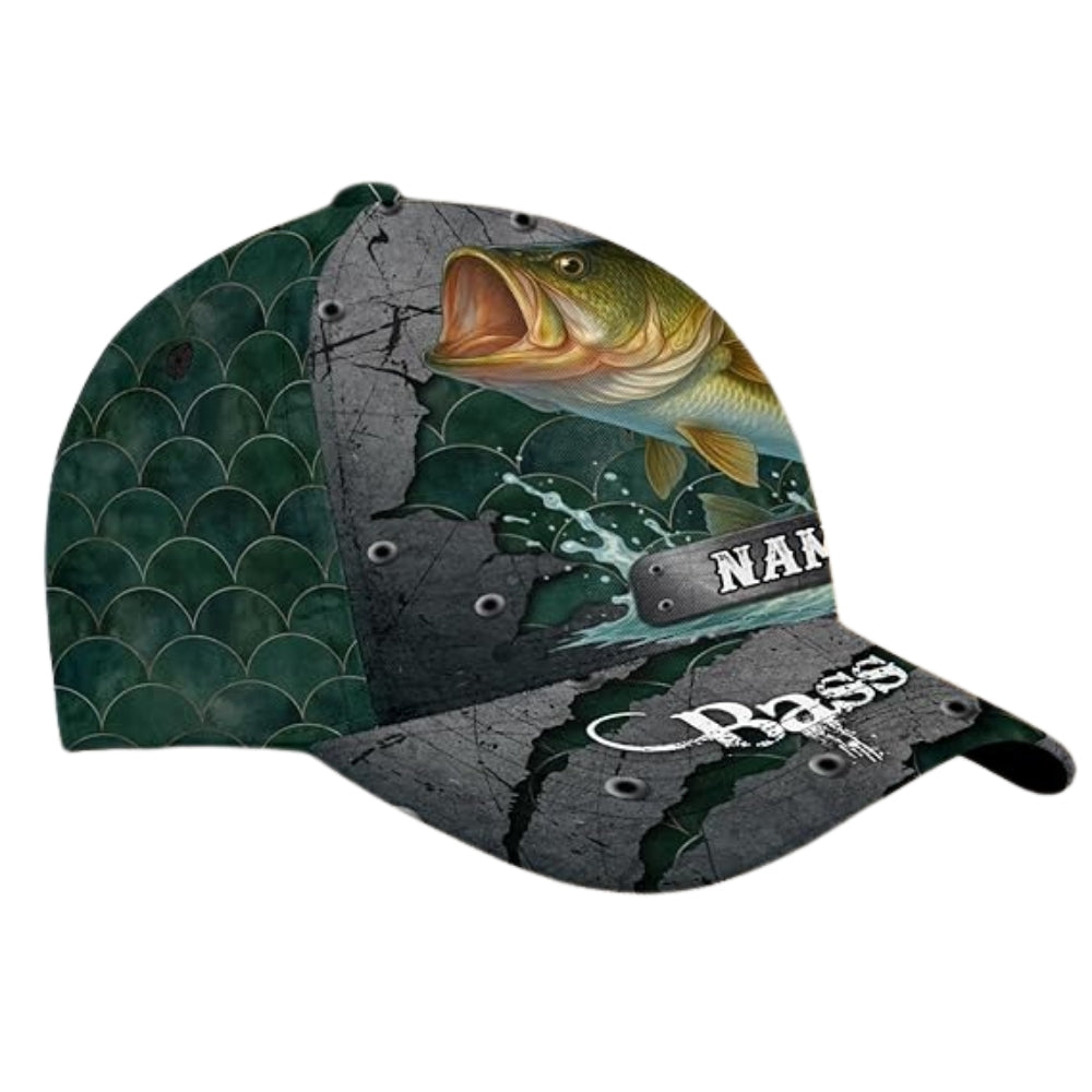 Bass Fishing Personalized 3D Printed Baseball Cap, Custom Name Fishing Caps Hats CP0243