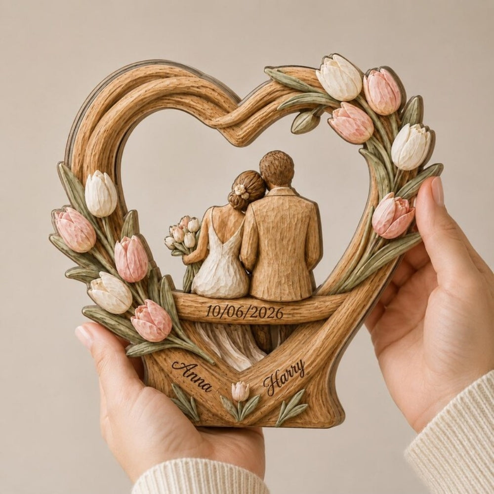 Custom Couple Wedding Heart Floral Wooden Plaque, Custom Wedding Keepsake Wooden Block WD0871