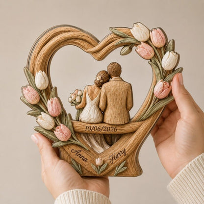 Custom Couple Wedding Heart Floral Wooden Plaque, Custom Wedding Keepsake Wooden Block WD0871