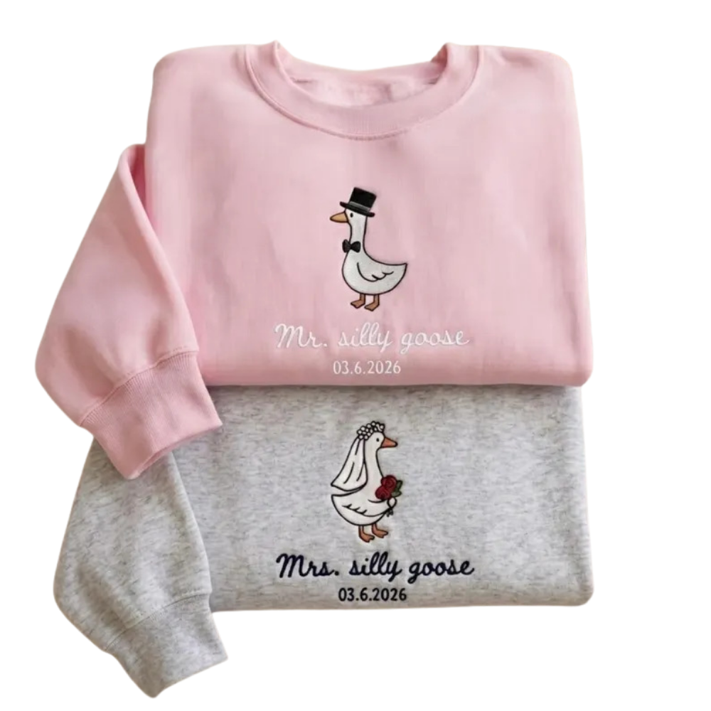 Custom Mr And Mrs Silly Goose Matching Embroidered Sweatshirt For Bride And Groom, Custom Wedding Couple Sweatshirts 2D0868