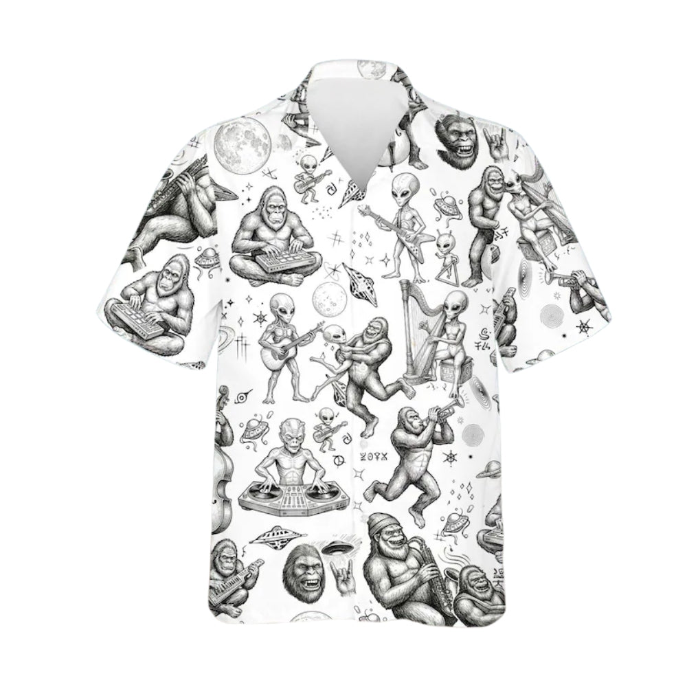 Bigfoot And Alien Black White Hawaiian Shirt Men Women, Sasquatch Space Hawaiian Shirts HE0208