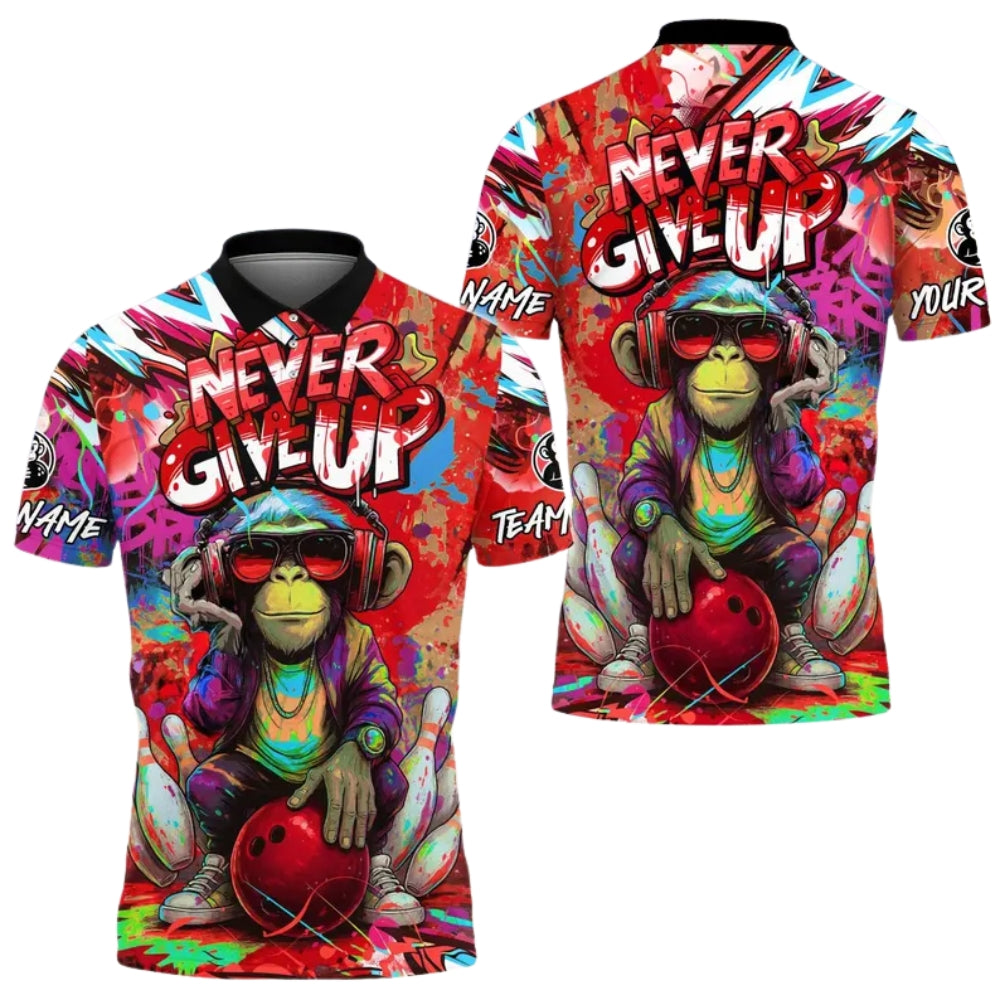 Never Give Up Custom Monkey Graffiti Mens Bowling Polo Shirt, Custom Monkey Bowling Team Shirts BE0143