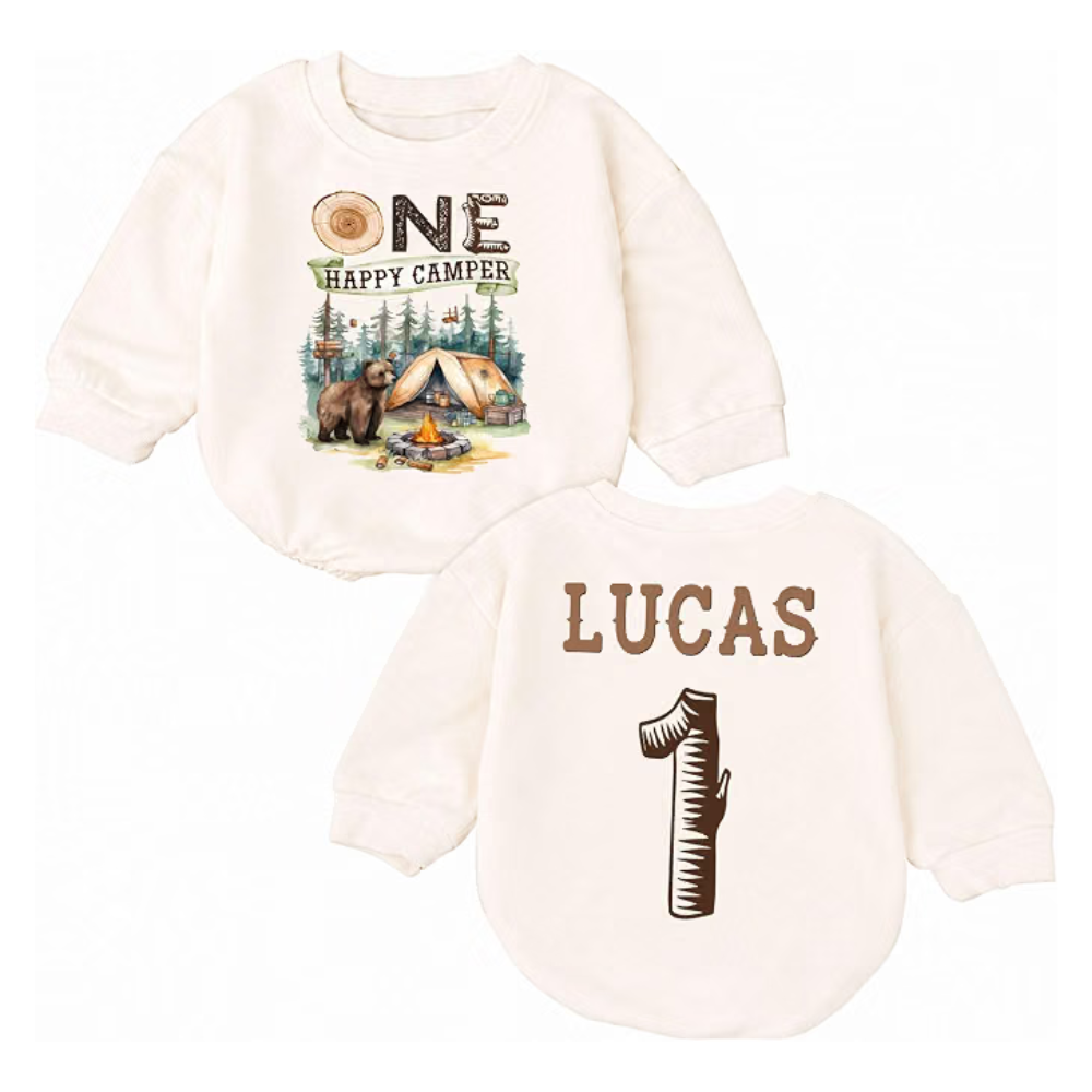 Custom One Happy Camper Baby Romper Sweatshirt, Custom Camping First Birthday Romper Sweatshirt Baby BB0574