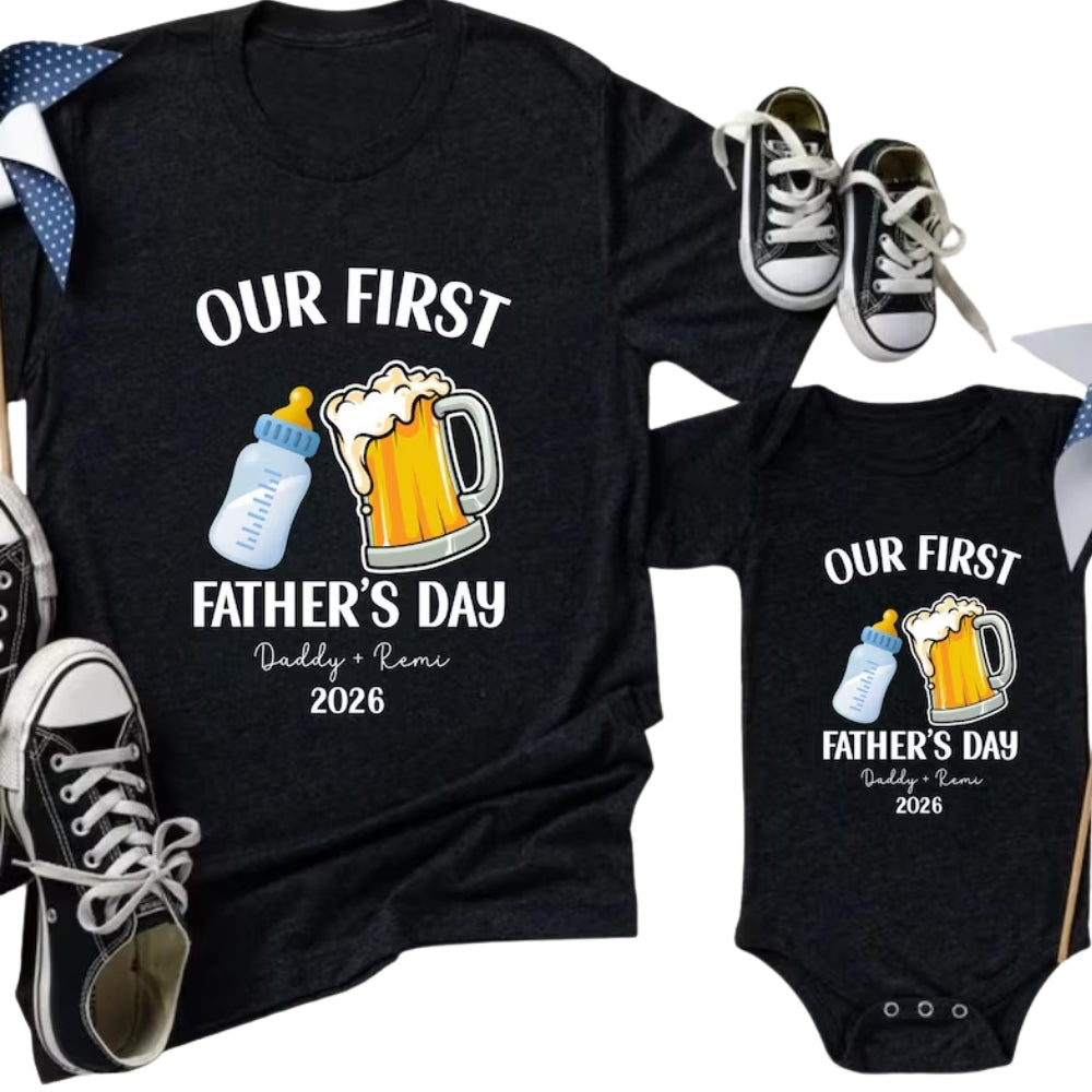 Our First Father's Day Milk Bottle And Beer Custom Matching Daddy And Me T Shirt, Personalized First Father Day Matching Shirts ET0845