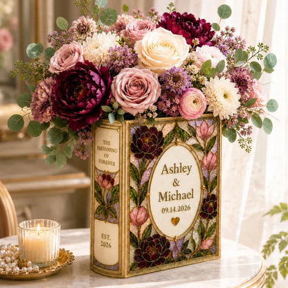 The Beggining Of Forever Custom Floral Stained Glass Ceramic Book Vase, Personalized Wedding Book Vase WD0974