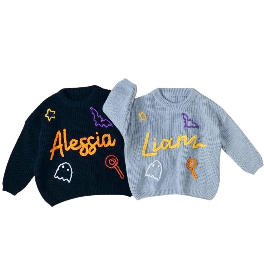 Halloween Custom Name Baby Embroidered Knit Sweater, Custom Halloween Baby Sweatshirt BB0789