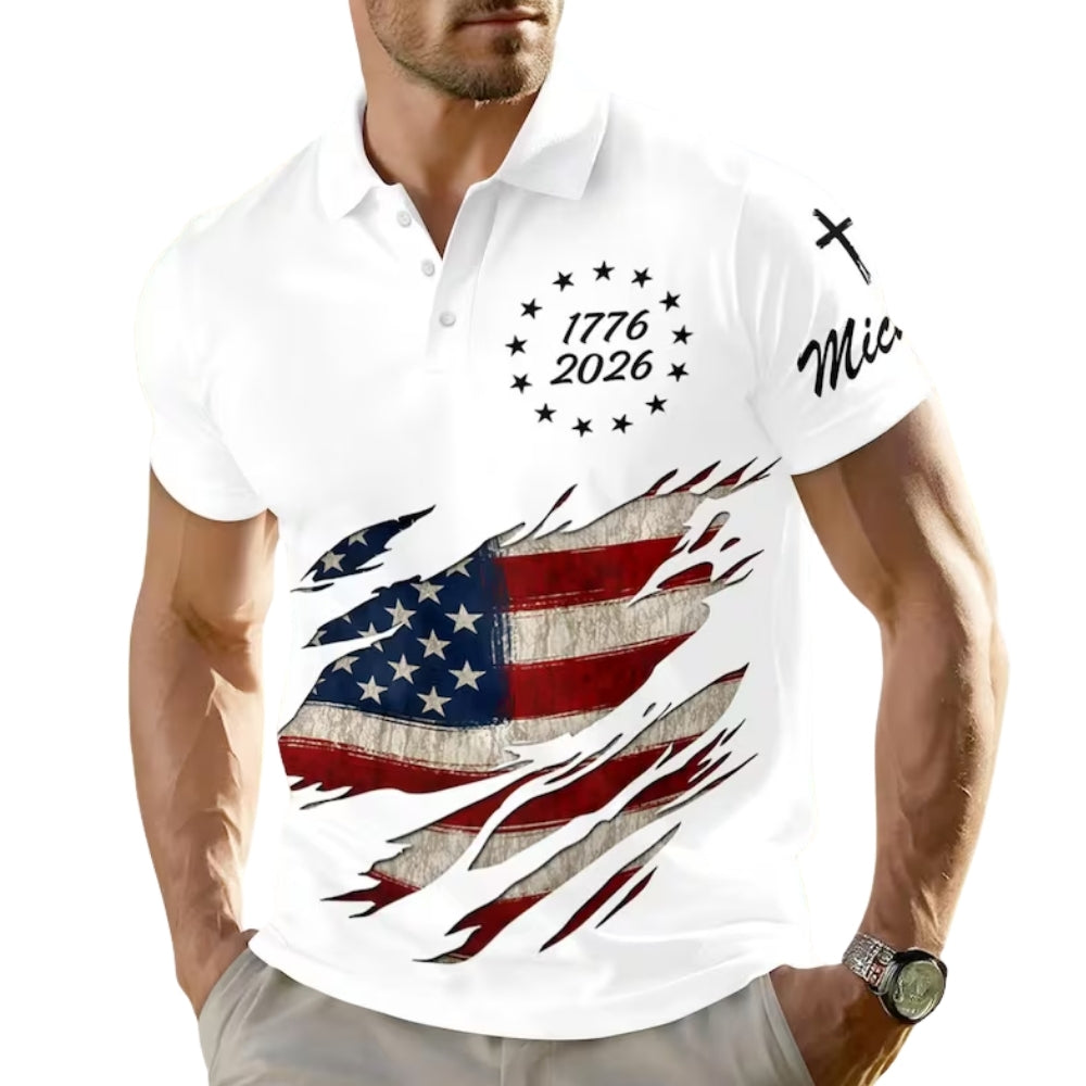 1776-2026 250th Anniversary American Flag Golf Men Polo Shirt White, Custom Patriotic 4th Of July Golf Shirts GE0417