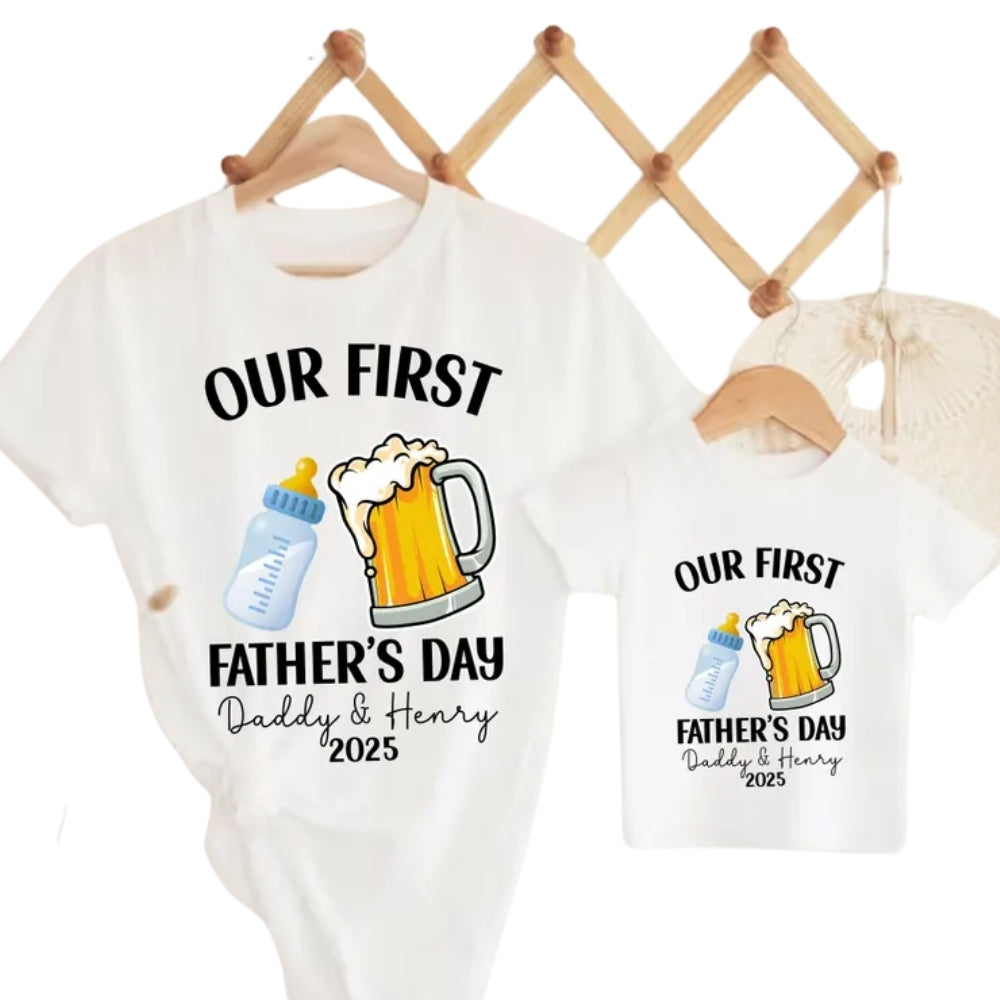 Our First Father's Day Milk Bottle And Beer Custom Matching Daddy And Me T Shirt, Personalized First Father Day Matching Shirts ET0845