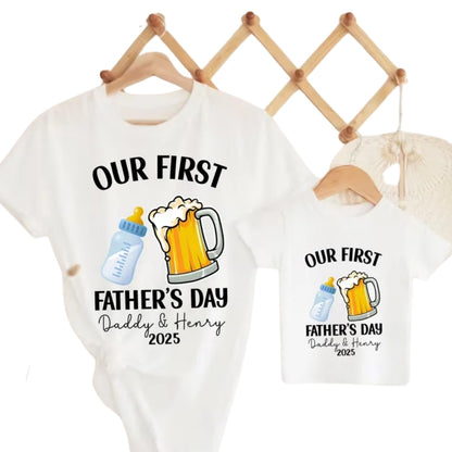 Our First Father's Day Milk Bottle And Beer Custom Matching Daddy And Me T Shirt, Personalized First Father Day Matching Shirts ET0845