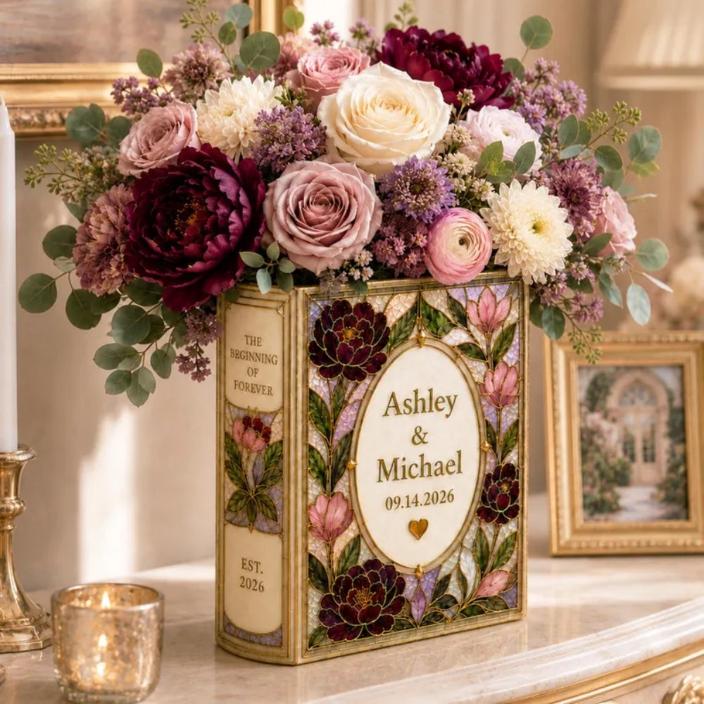 The Beggining Of Forever Custom Floral Stained Glass Ceramic Book Vase, Personalized Wedding Book Vase WD0974