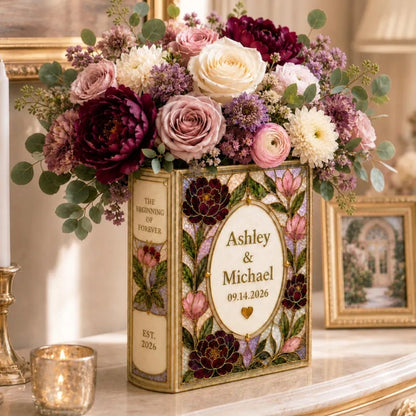The Beggining Of Forever Custom Floral Stained Glass Ceramic Book Vase, Personalized Wedding Book Vase WD0974