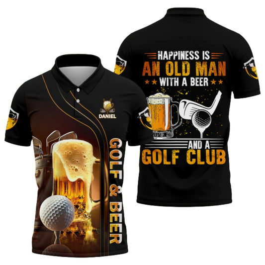 Happiness Is An Old Man With A Beer And A Golf Club Custom Golf Polo Shirt Men, Custom Funny Beer Golf Shirts GZ0197
