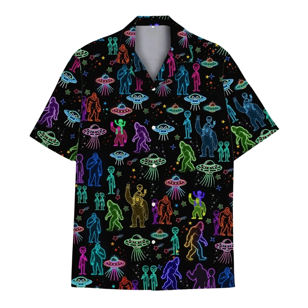 Neon Bigfoot Alien Hawaiian Shirt Men And Women, Bigfoot Hawaiian Shirts HE0095