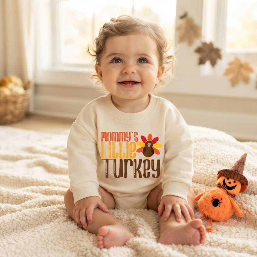 Mommy's Little Turkey Baby Romper Sweatshirt, Thanksgiving Romper Sweatshirt Baby BB0877