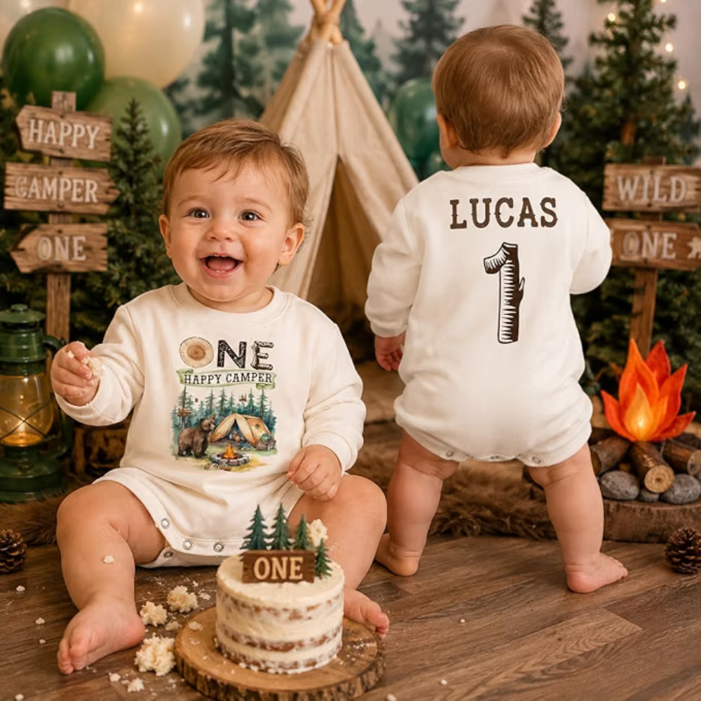 Custom One Happy Camper Baby Romper Sweatshirt, Custom Camping First Birthday Romper Sweatshirt Baby BB0574