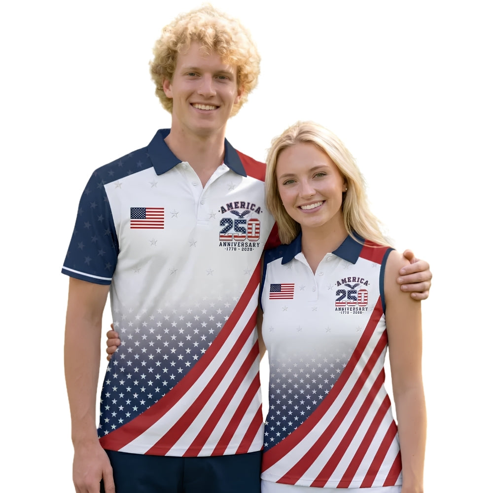 250th Anniversary USA Flag Matching Golf Shirts For Men And Women, 4th Of July Golf Shirts For Couple GE0418