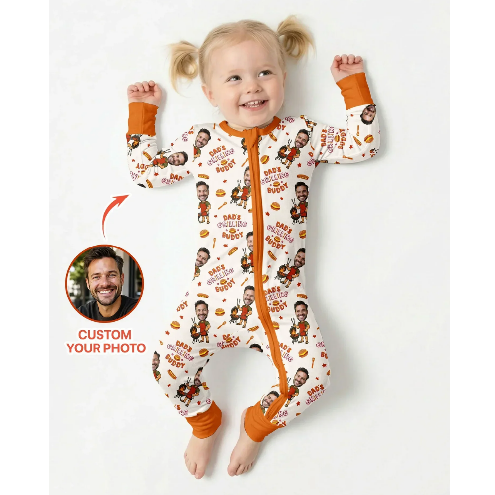 Dad's Grilling Buddy Custom Photo Baby Convertible Zipper Romper, Custom BBQ Convertible Baby Romper With Photo BB0737