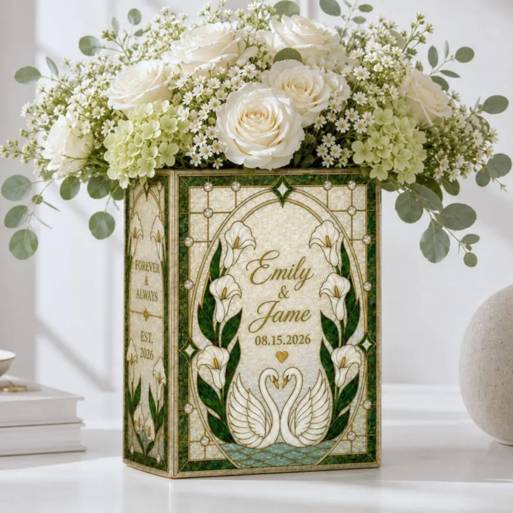 Custom Swan Couple Wedding Ceramic Book Vase, Personalized Swan Book Vase For Wedding WD0975