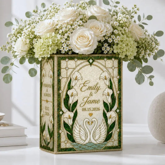 Custom Swan Couple Wedding Ceramic Book Vase, Personalized Swan Book Vase For Wedding WD0975