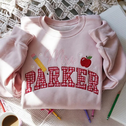 Personalized Mrs Teacher Gingham Embroidered Sweatshirt, Custom Name Teacher Sweatshirts 2D0884