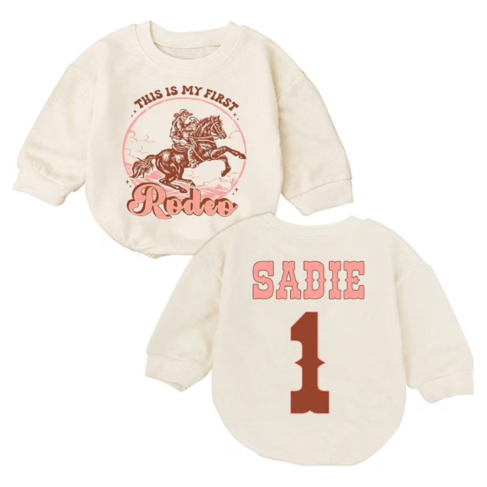 This Is My First Rodeo Custom Cowboy Baby Romper Sweatshirt, Custom Western First Birthday Baby Romper Sweatshirt BB0575