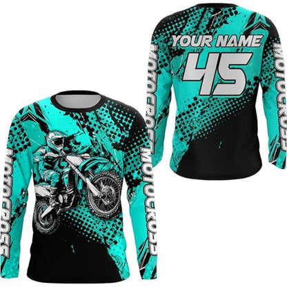 Personalised Men's Blue Motocross Long Sleeve Jersey, MX Jersey Custom MZ0014
