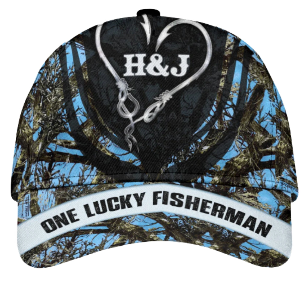 One Lucky Fisherman Custom Couple Initials Fishing Baseball Cap For Husband Boyfriend, Custom Fishing Lover 3D Printed Hat CP0506
