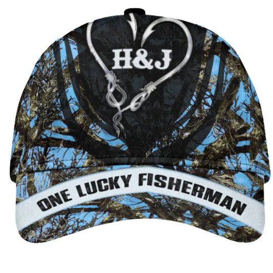 One Lucky Fisherman Custom Couple Initials Fishing Baseball Cap For Husband Boyfriend, Custom Fishing Lover 3D Printed Hat CP0506