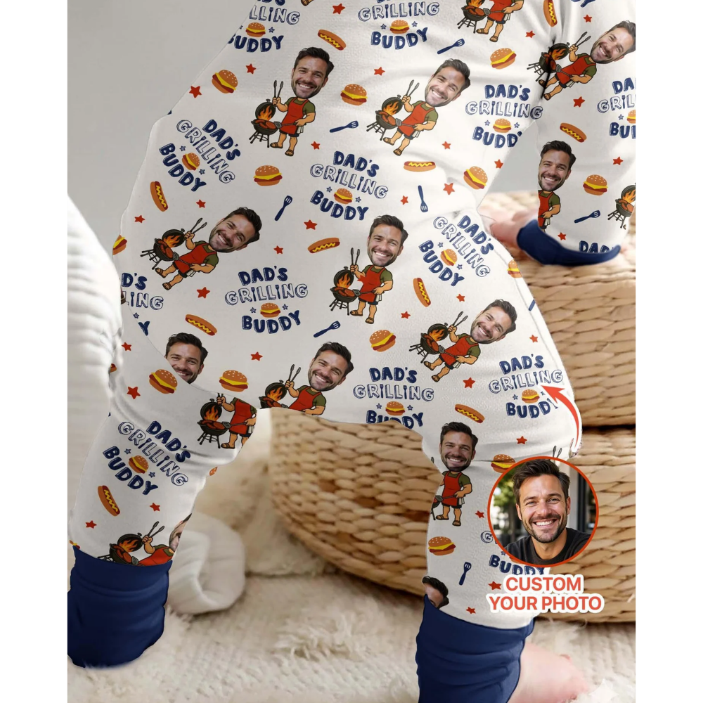 Dad's Grilling Buddy Custom Photo Baby Convertible Zipper Romper, Custom BBQ Convertible Baby Romper With Photo BB0737