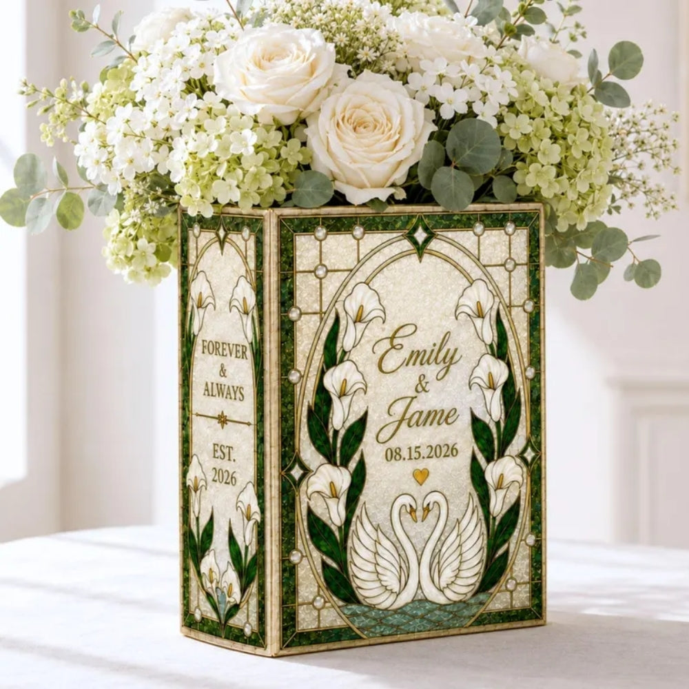 Custom Swan Couple Wedding Ceramic Book Vase, Personalized Swan Book Vase For Wedding WD0975