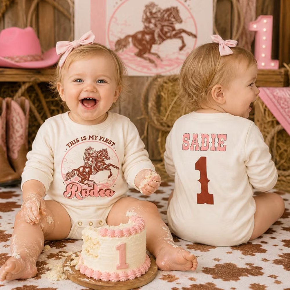 This Is My First Rodeo Custom Cowboy Baby Romper Sweatshirt, Custom Western First Birthday Baby Romper Sweatshirt BB0575
