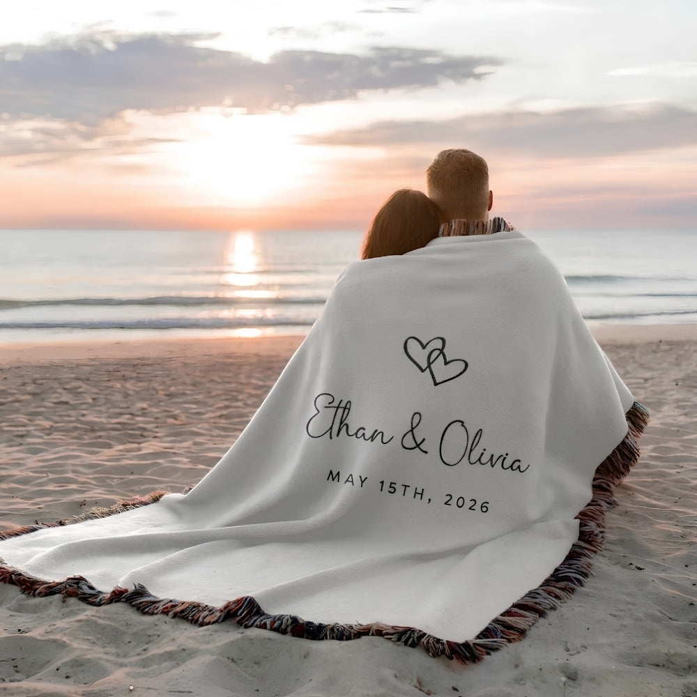 Custom Double Heart Wedding Anniversary Woven Blanket For Couple, Custom Blanket For Couple Wedding Anniversary WD0001