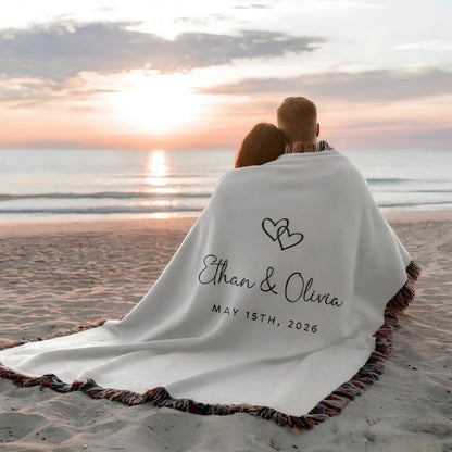 Custom Double Heart Wedding Anniversary Woven Blanket For Couple, Custom Blanket For Couple Wedding Anniversary WD0001