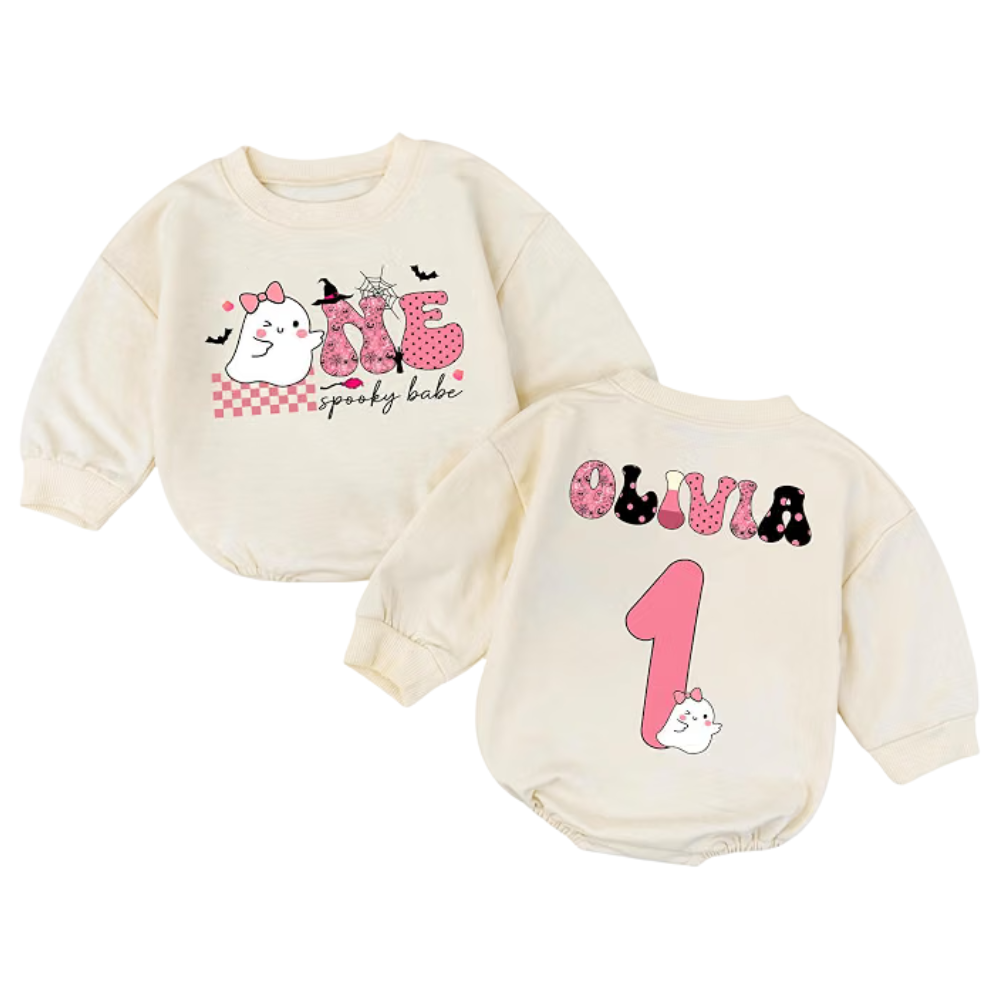 Personalized One Spooky Babe Baby Girl Romper Sweatshirt, Custom Halloween Romper Sweatshirt For Baby Girl BB0576