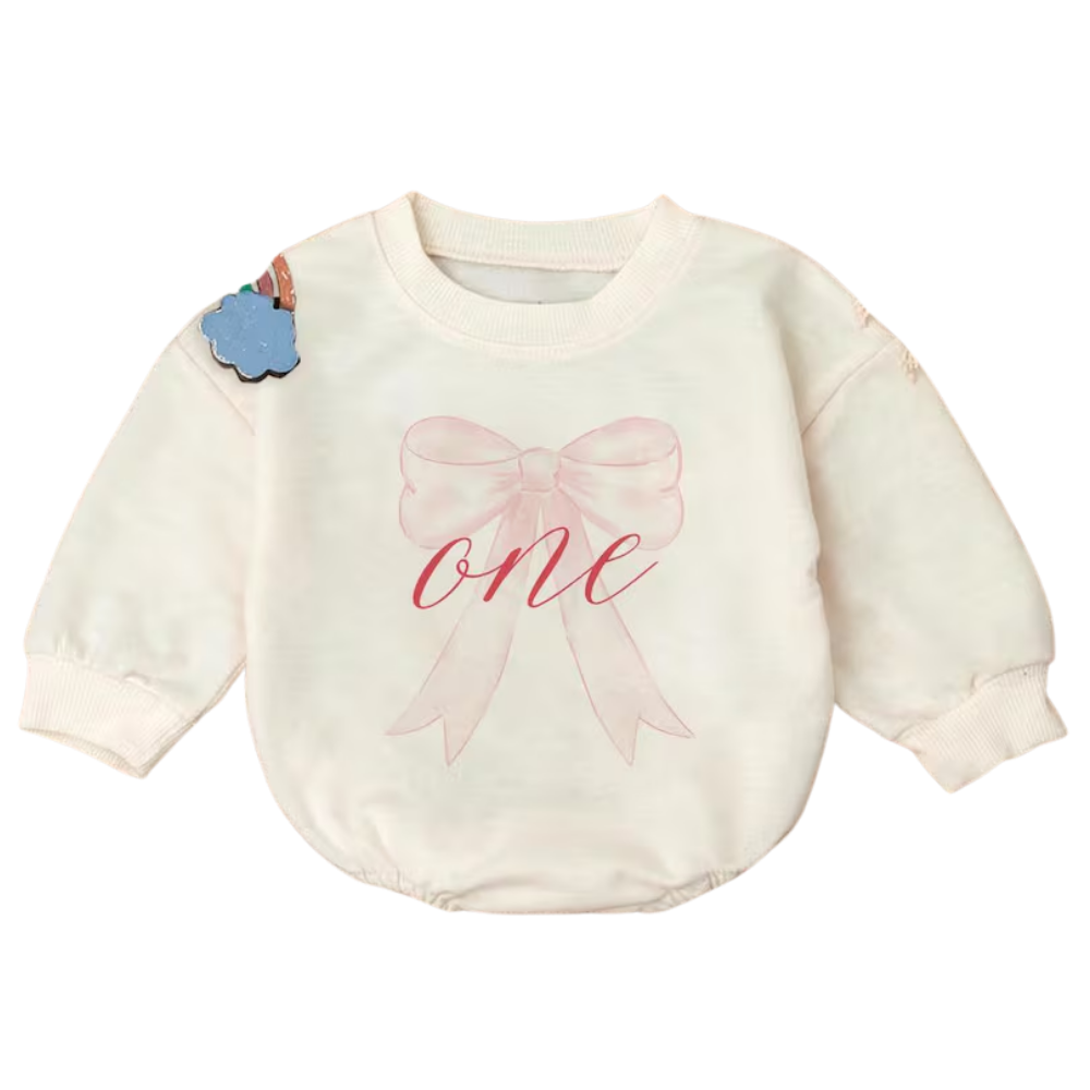 One Pink Bow Baby Romper Sweatshirt, First Birthday Sweatshirt Romper For Baby Girl BB0458