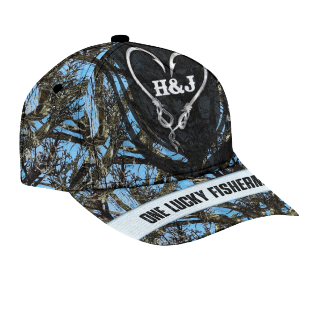 One Lucky Fisherman Custom Couple Initials Fishing Baseball Cap For Husband Boyfriend, Custom Fishing Lover 3D Printed Hat CP0506