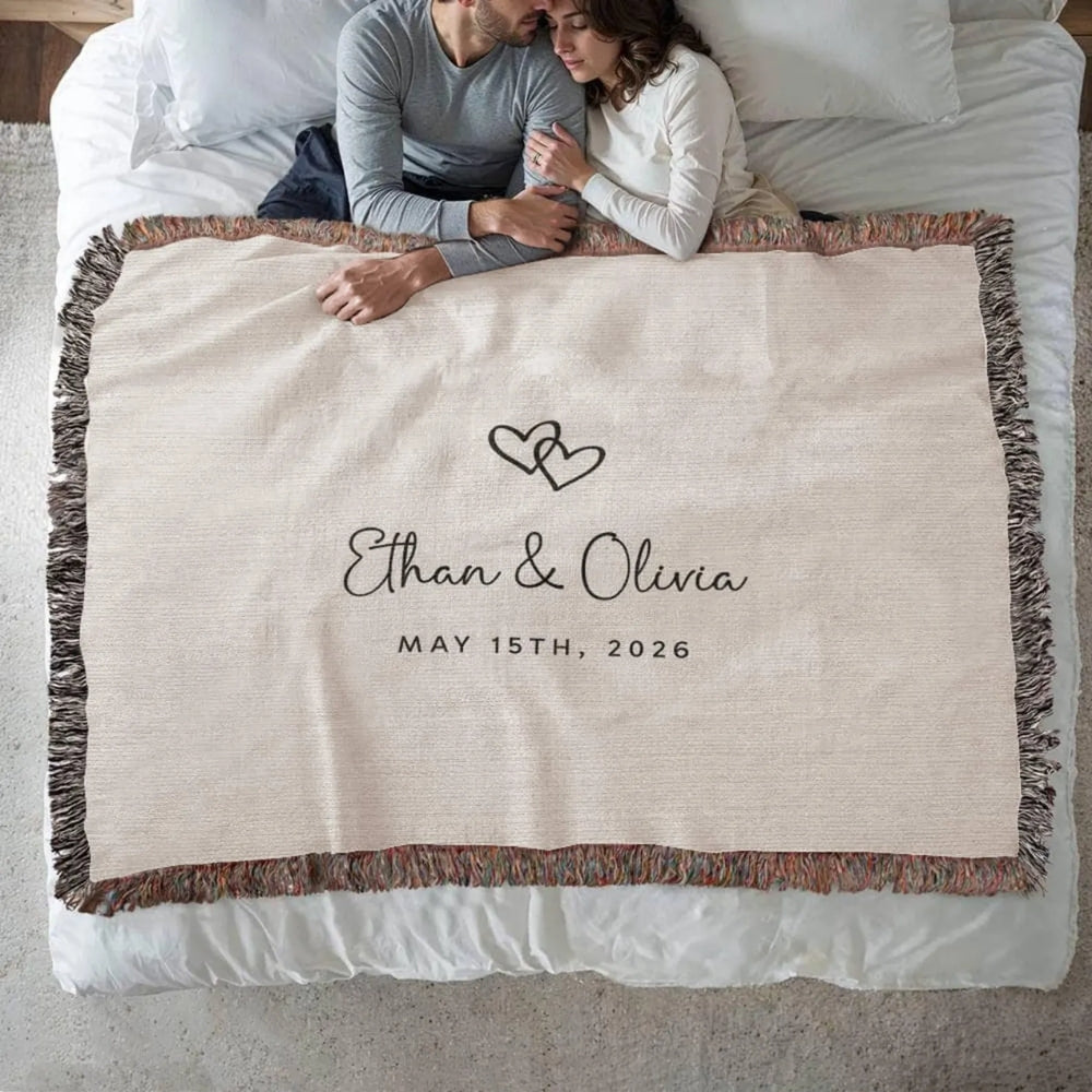 Custom Double Heart Wedding Anniversary Woven Blanket For Couple, Custom Blanket For Couple Wedding Anniversary WD0001