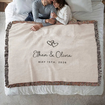 Custom Double Heart Wedding Anniversary Woven Blanket For Couple, Custom Blanket For Couple Wedding Anniversary WD0001