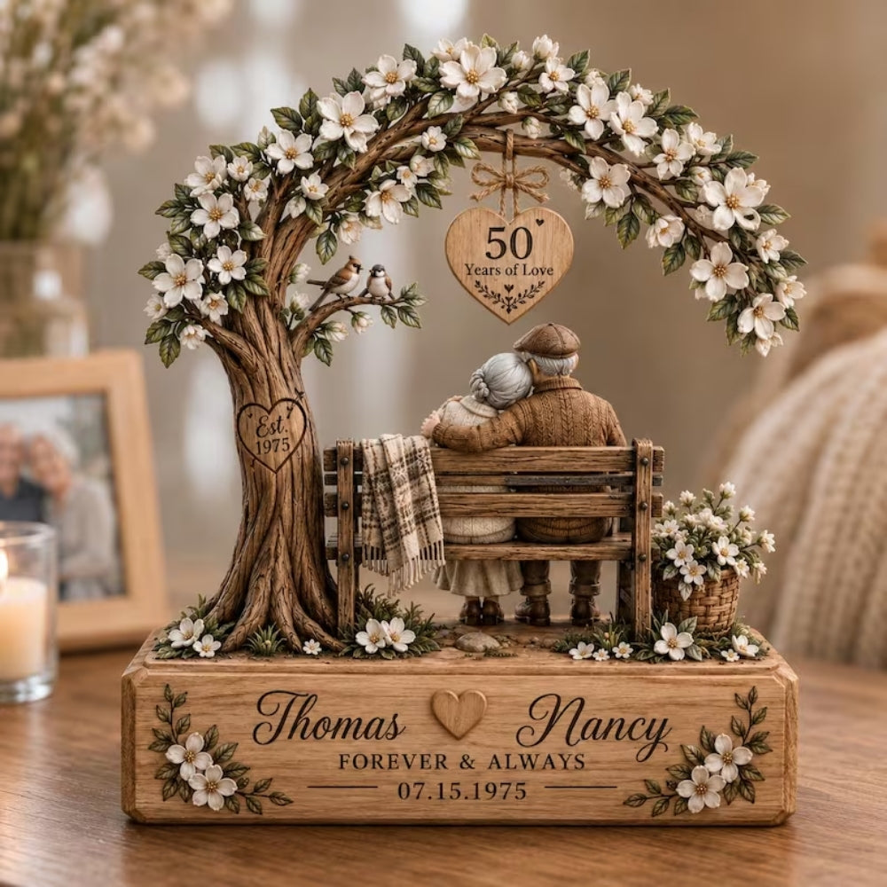 50 Years Of Love Custom Floral Tree Wooden Plaque, Custom Godden Anniversary Wooden Block For Grandma Grandpa WD0872