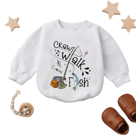Crawl Walk Fish Baby Romper Sweatshirt, Fishing Lover Baby Romper Sweater BB0878